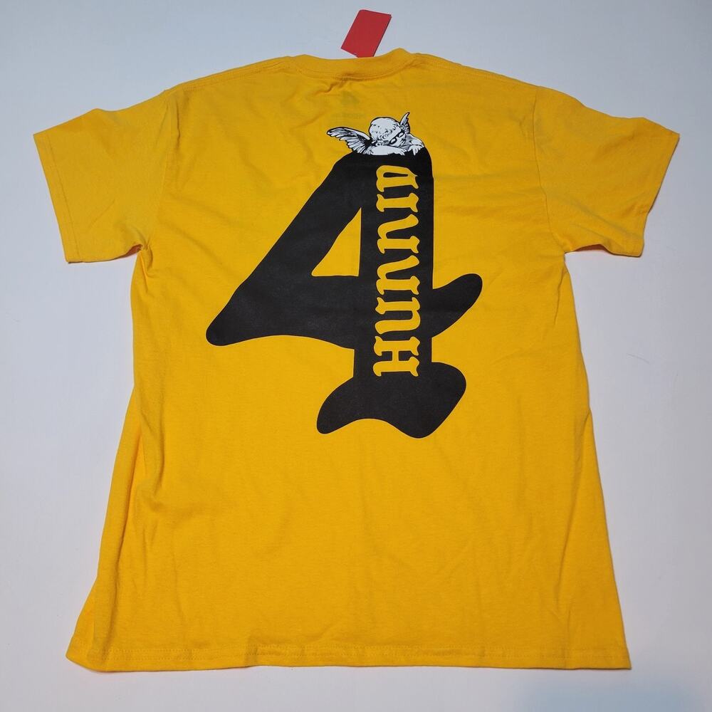 4 Hunnid Men's Medium Yellow Short Sleeve Graphic T-Shirt Angel Hip Hop Rap